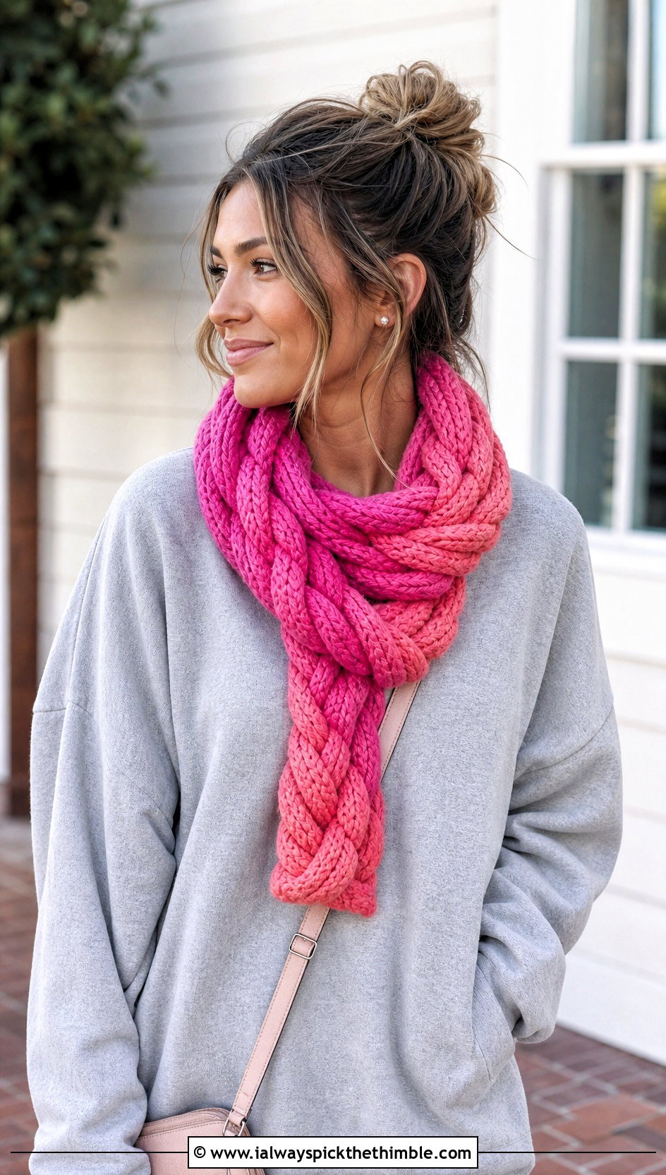 Braided Gradient Crochet Scarf With Sweatshirt And Leggings - 20 gradient crochet scarf outfit ideas