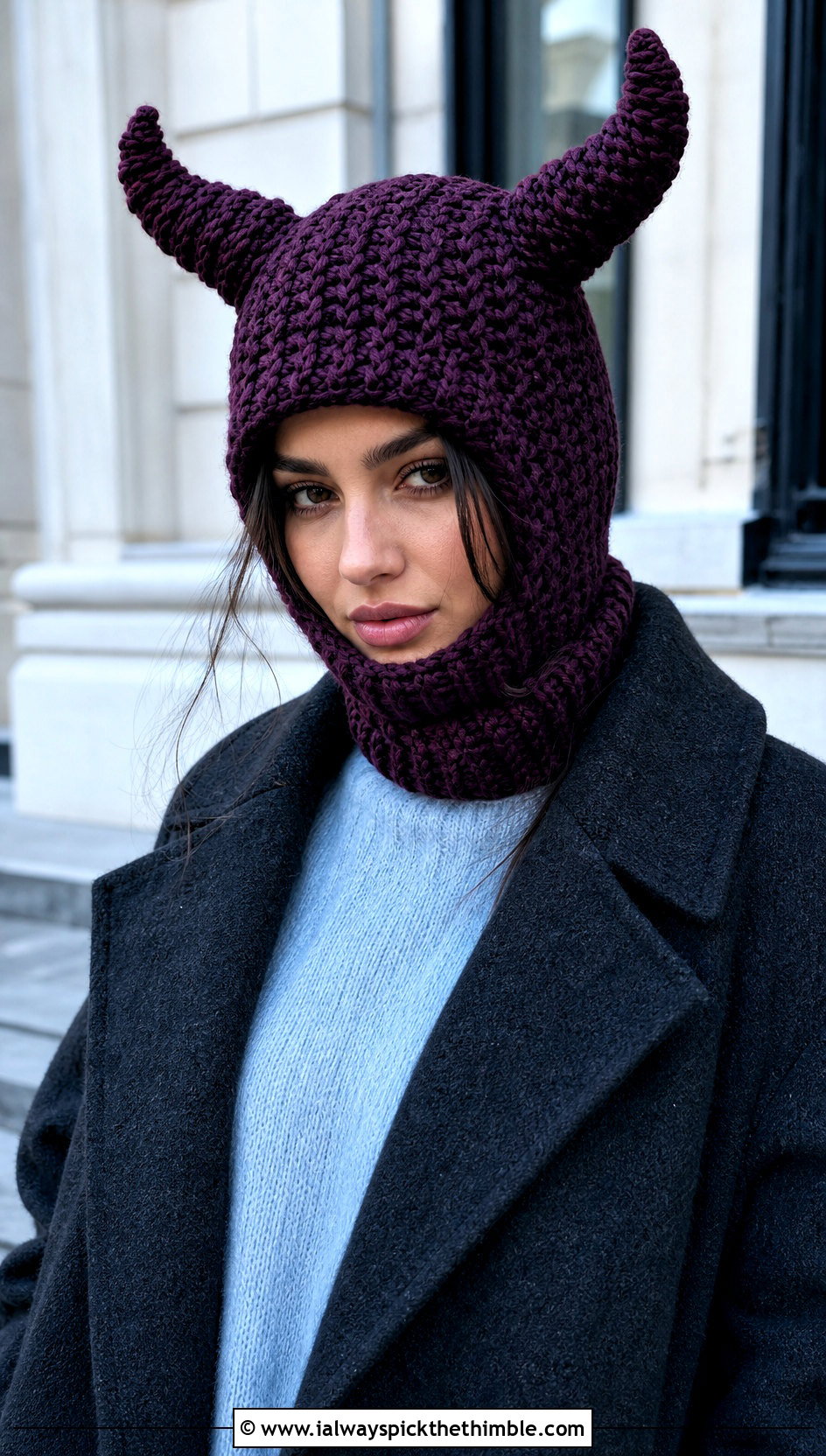 Braided Horn Crochet Devil Horn Balaclava With Wool Coat - 20 crochet devil horn balaclava outfit ideas