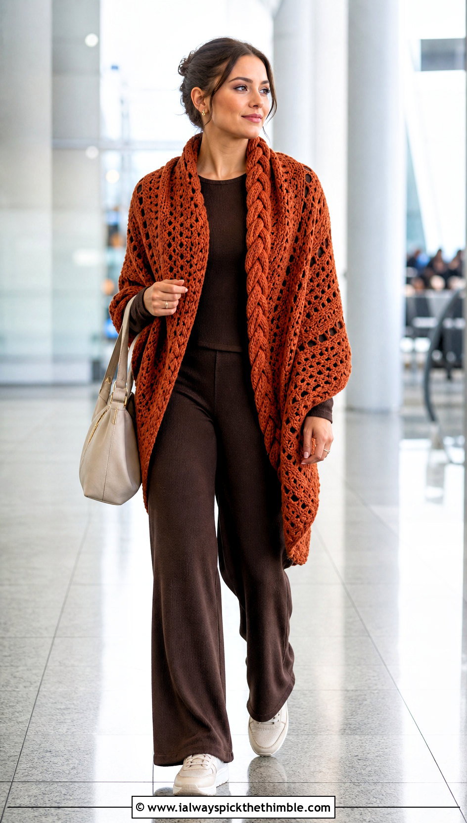 Braided Neck Katniss Shawl With Monochrome Knit Set - 20 Crochet Katniss Shawl outfit ideas