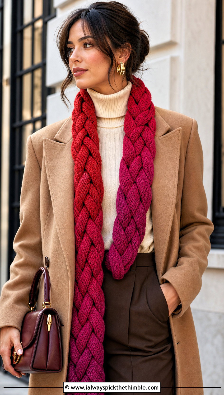 Braided Ombre Crochet Scarf With Camel Coat - 20 Ombre Crochet Scarf outfit ideas