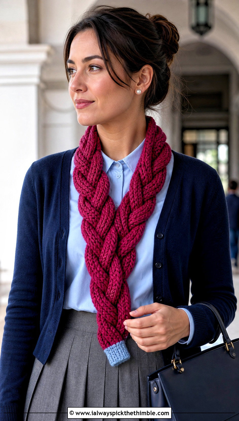 Braided Pencil Crochet Scarf With Pleated Skirt - 20 Pencil Crochet Scarf outfit ideas