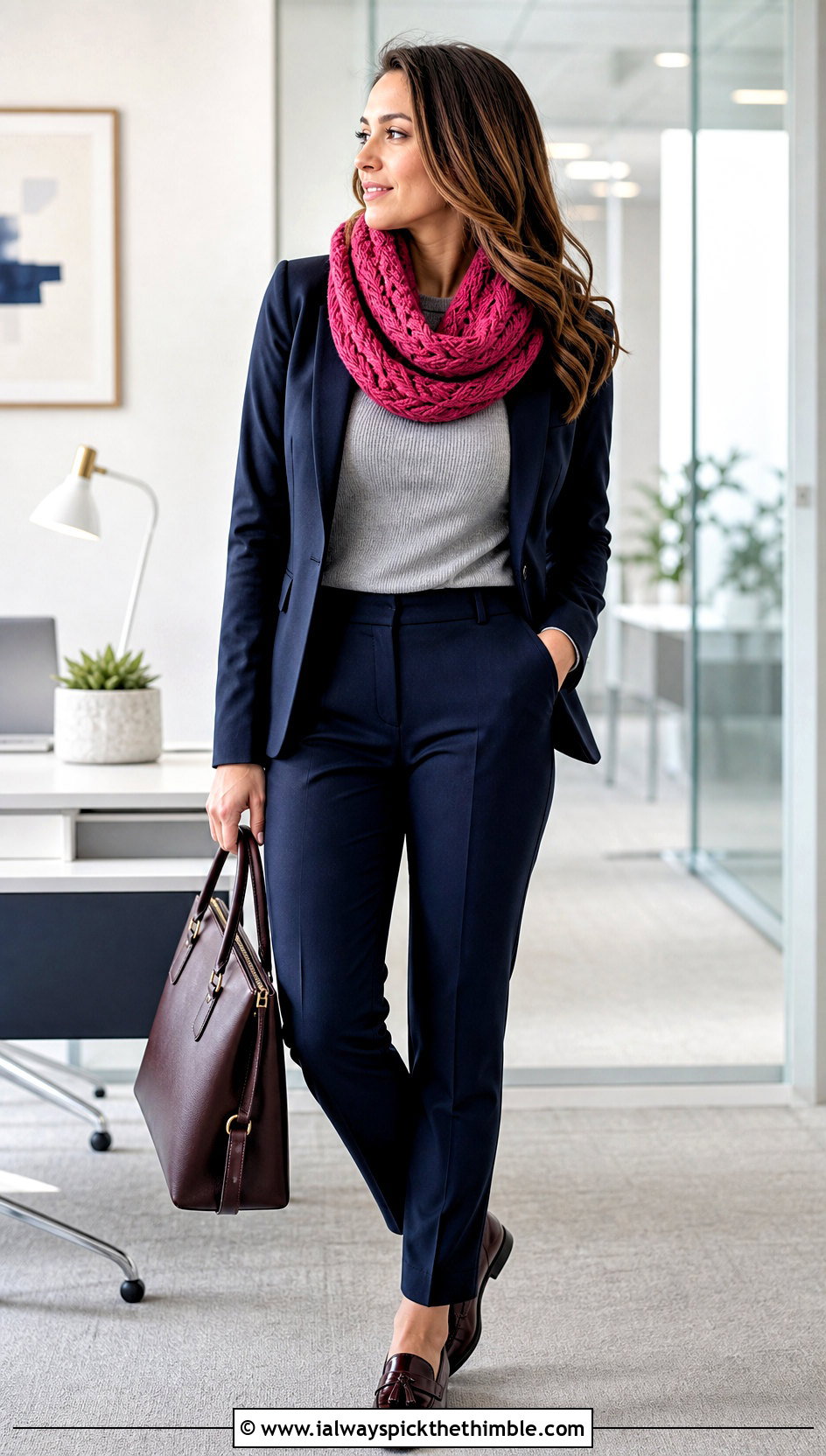 Braided Pink Crochet Cowl With Blazer - 15 pink crochet cowl outfit ideas