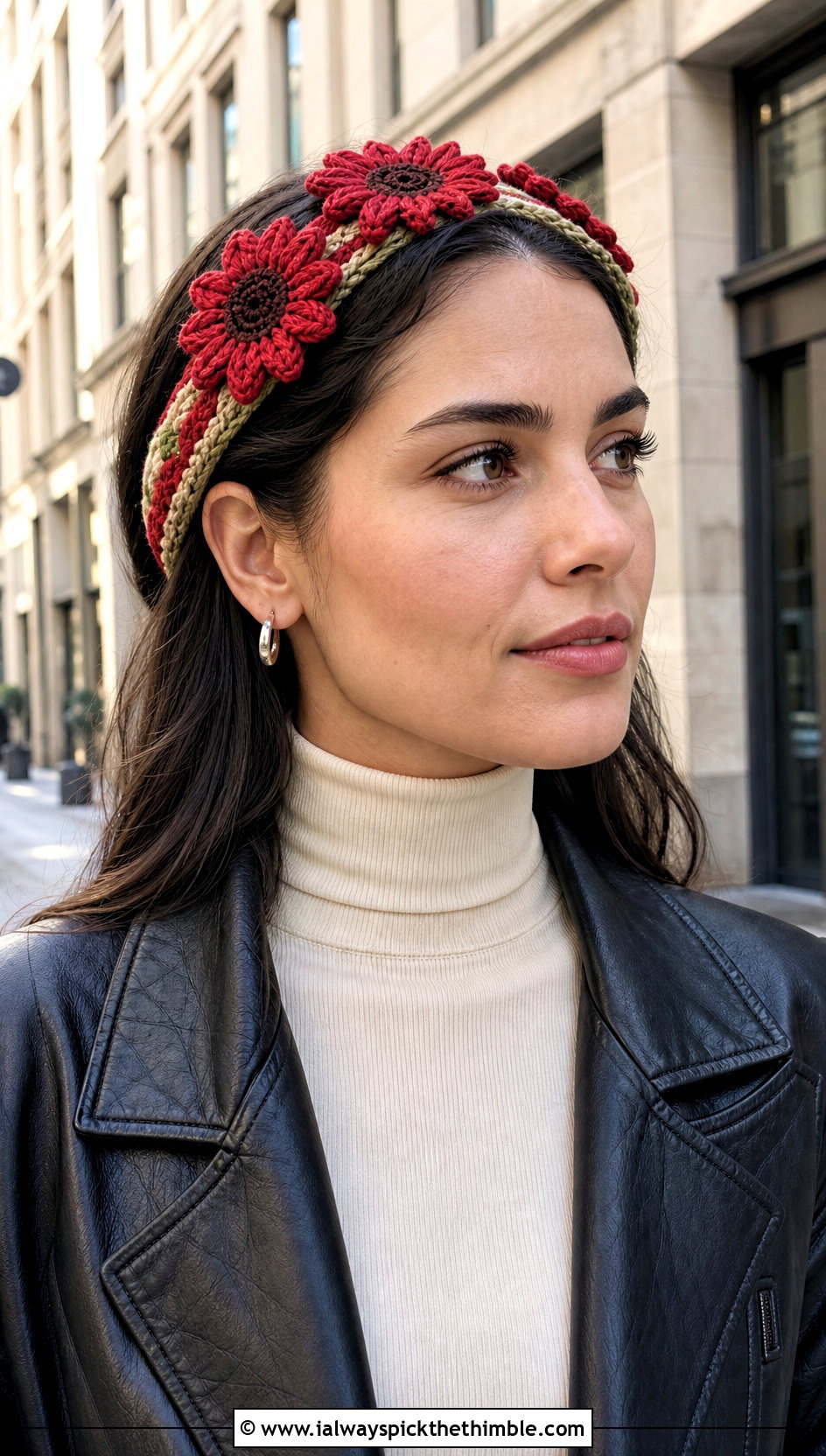 Braided Sunflower Crochet Headband With Leather Jacket - 20 Crochet Sunflower Headband outfit ideas