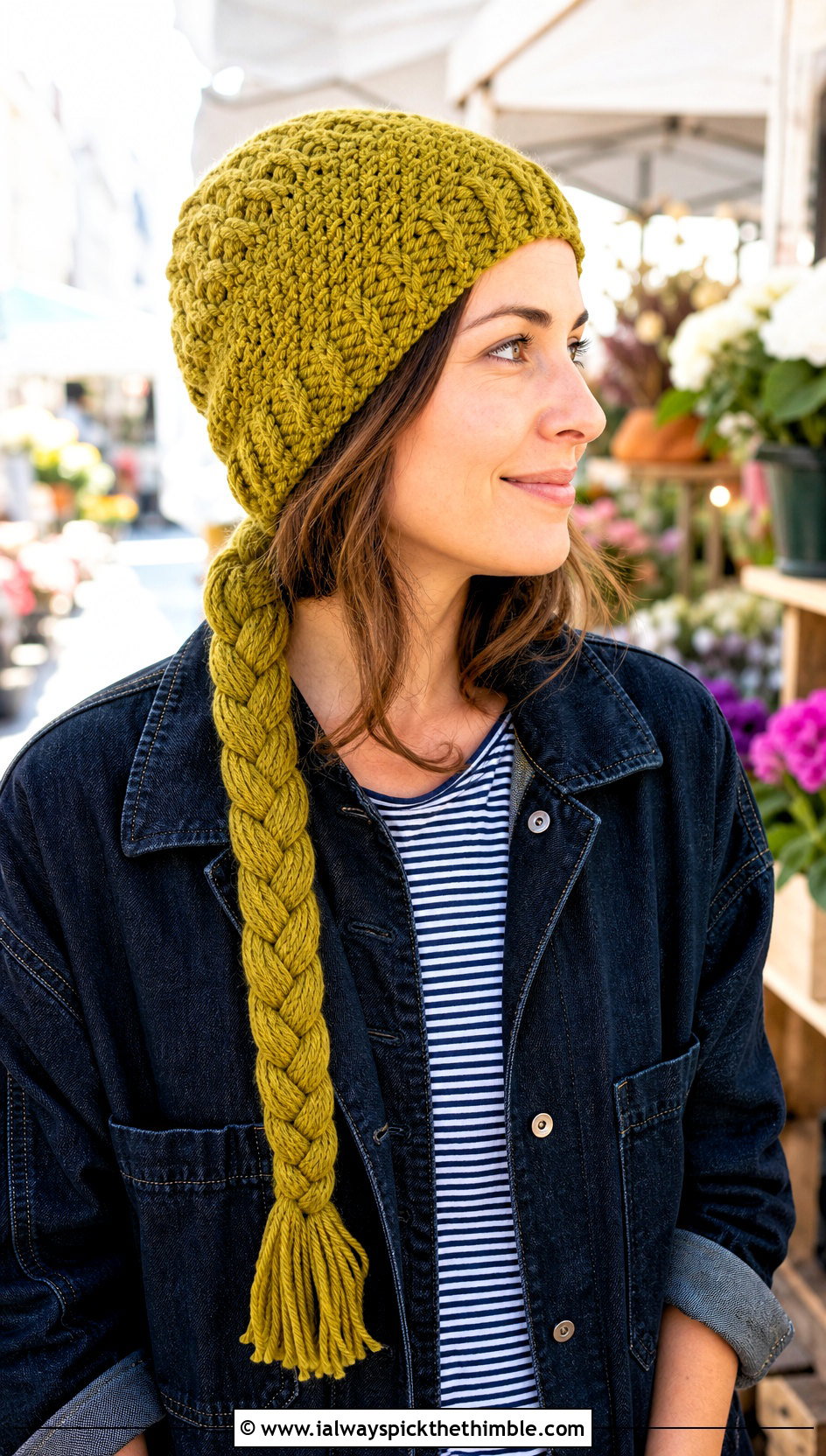 Braided Tail Crochet Stocking Cap With Denim Chore Jacket - 20 crochet stocking cap outfit ideas