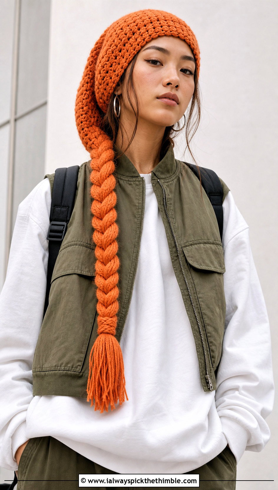 Braided Tassel Crochet Long Stocking Cap With Cargo Pants - 20 Crochet Long Stocking Cap outfit ideas