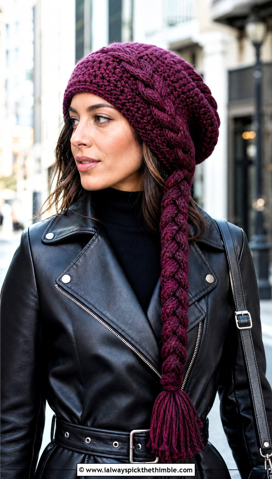 Braided Tassel Crochet Slouch Beanie With Moto Coat - 25 crochet slouch beanie outfit ideas