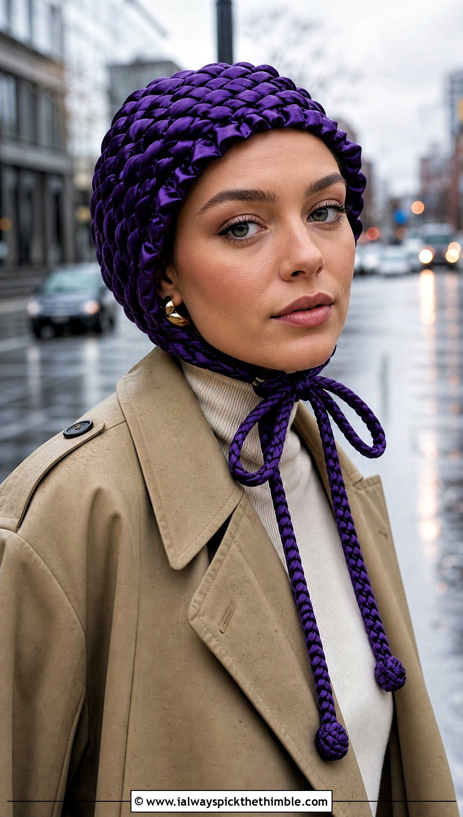 Braided Tie Bonnet With Trench Coat - 25 crochet bonnets outfit ideas