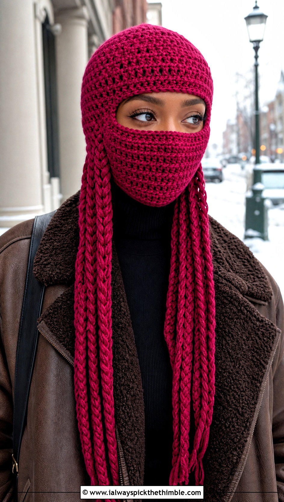 Braided Tie Crochet Balaclava With Shearling Jacket - 20 crochet balaclava hat outfit ideas