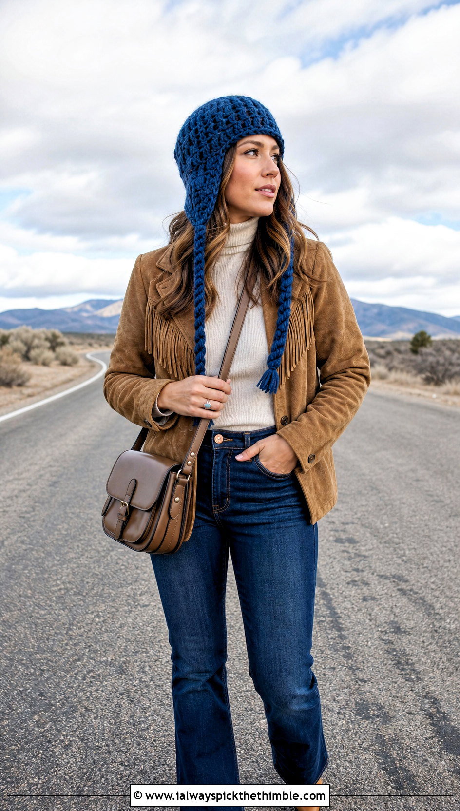 Braided Tie Crochet Ear Flap Beanie With Western Jacket - 20 crochet ear flap beanie outfit ideas