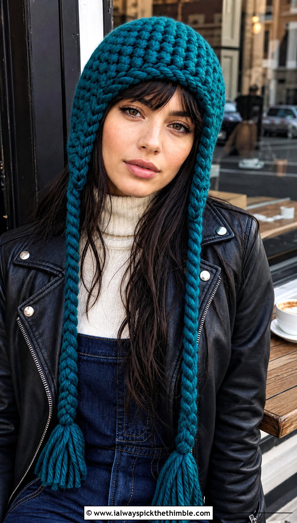 Braided Tie Crochet Earflap Beanie With Leather Jacket - 20 crochet earflap beanie outfit ideas