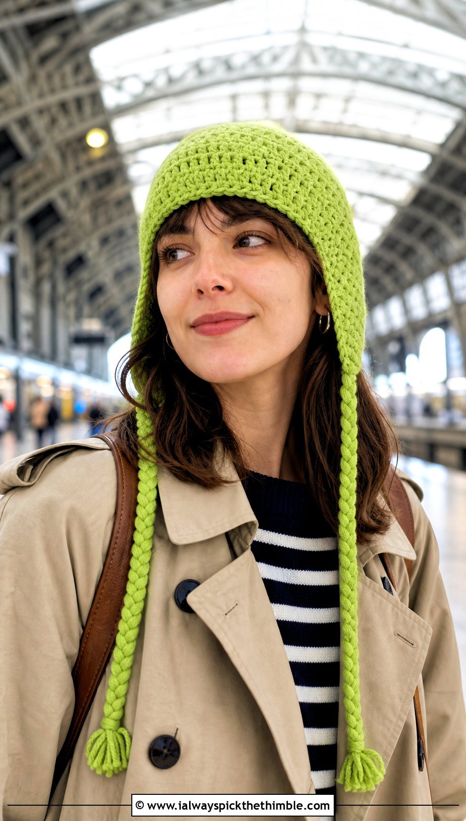 Braided Tie Crochet Earflap Hat With Trench Coat - 25 crochet earflap hat outfit ideas
