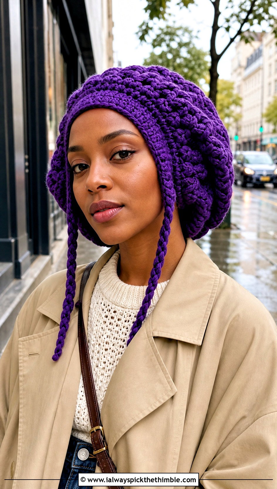 Braided Tie Crochet Hair Bonnet With Trench Coat - 20 Crochet Hair Bonnet outfit ideas