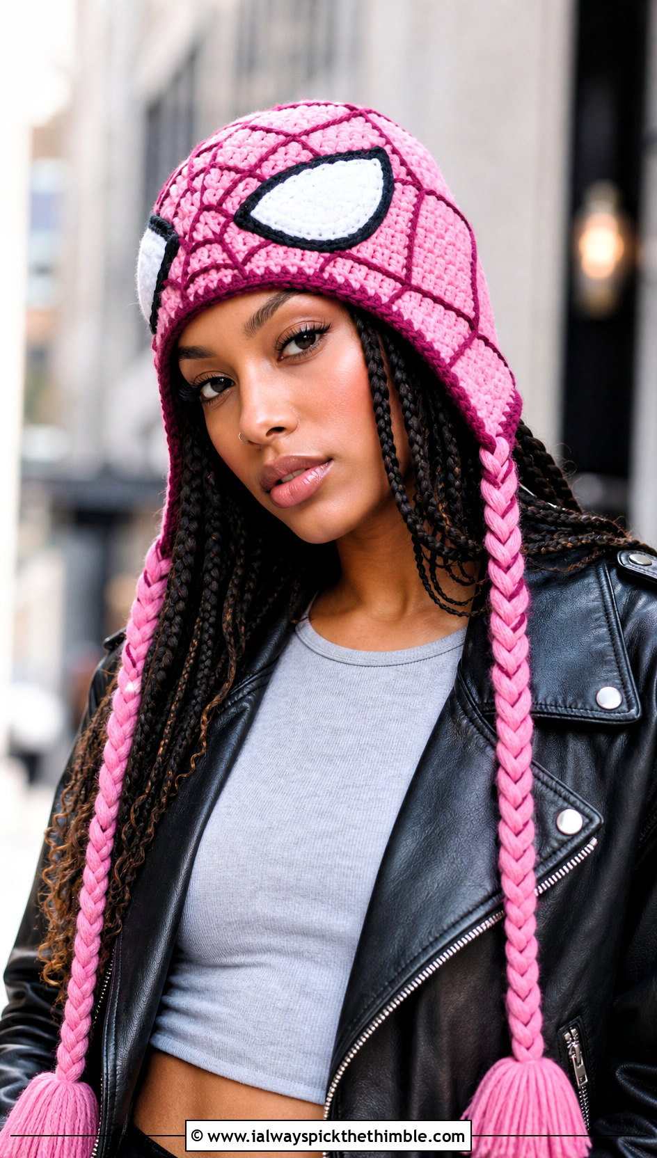 Braided Tie Crochet Mayday Parker Beanie With Leather Jacket - 15 Crochet Mayday Parker Beanie outfit ideas