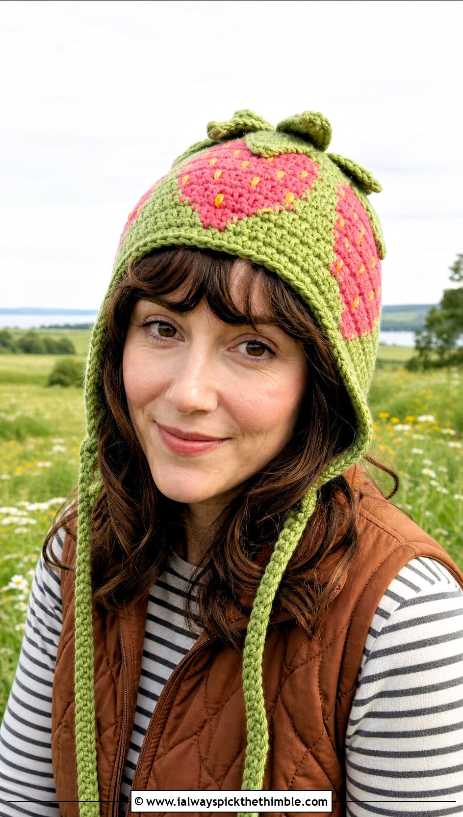 Braided Tie Crochet Strawberry Beanie With Quilted Vest - 20 Crochet Strawberry Beanie outfit ideas