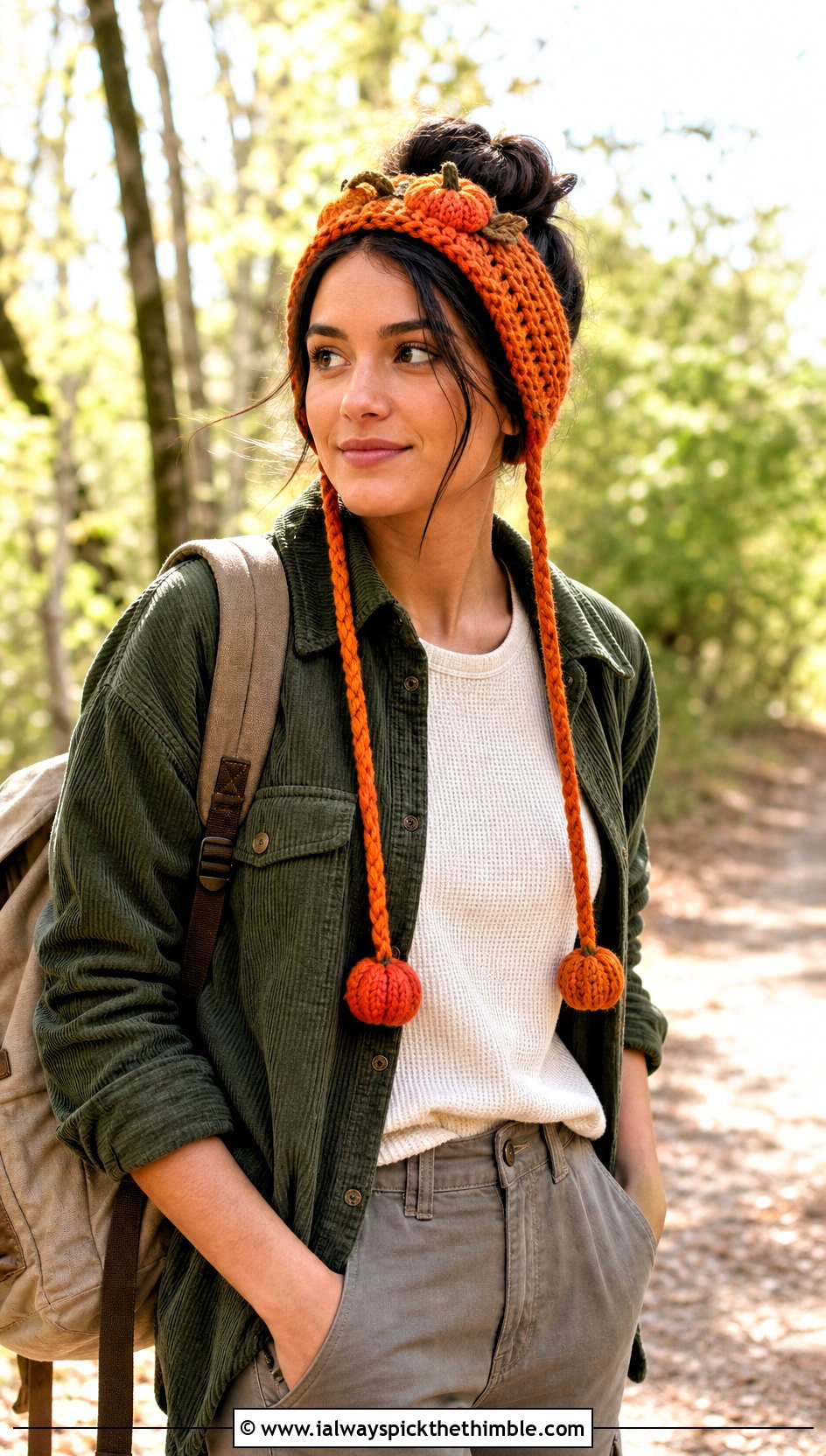Braided Tie Pumpkin Headband With Corduroy Shacket - 25 crochet pumpkin headband outfit ideas