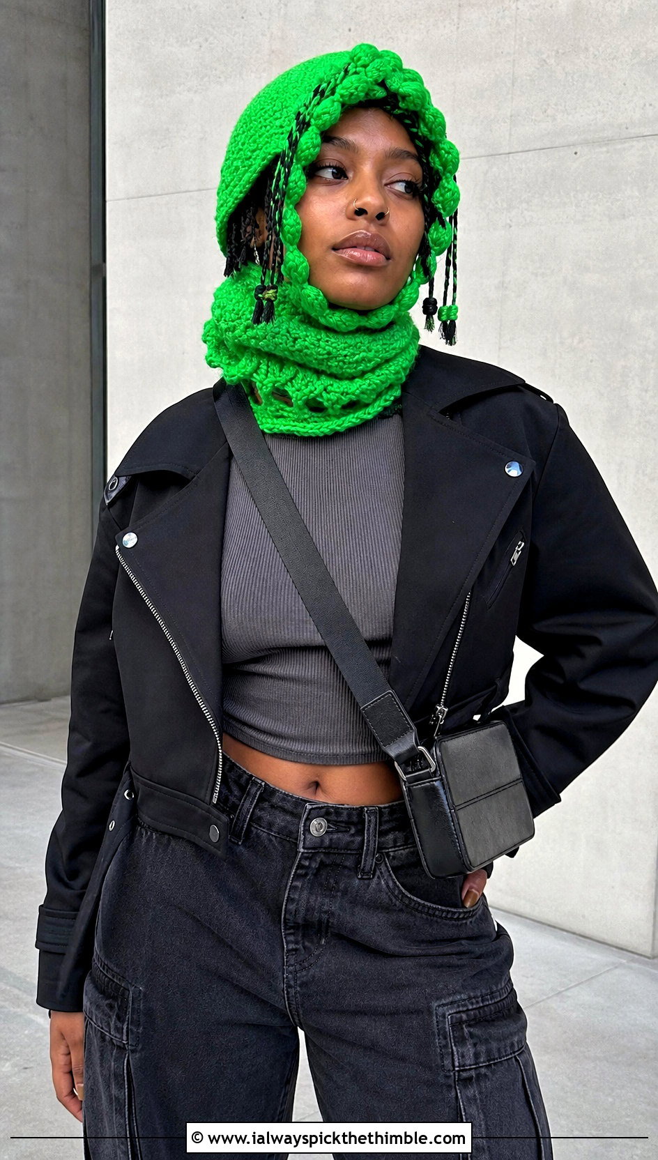 Braided Trim Crochet Balaclava With Moto Jacket - 20 hooded crochet balaclava outfit ideas