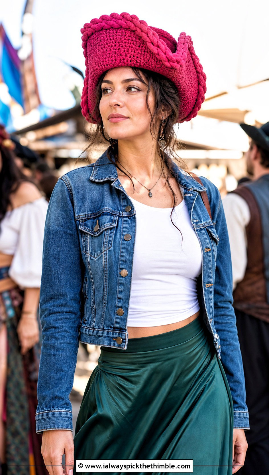 Braided Trim Crochet Pirate Hat With Denim Jacket And Maxi Skirt - 25 crochet pirate hat outfit ideas