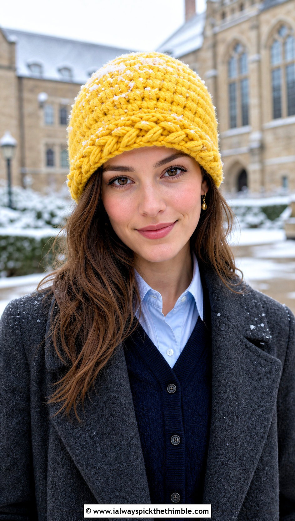 Braided Trim Snowy Puff Crochet Hat With Cardigan And Trousers - 15 snowy puff crochet hat outfit ideas