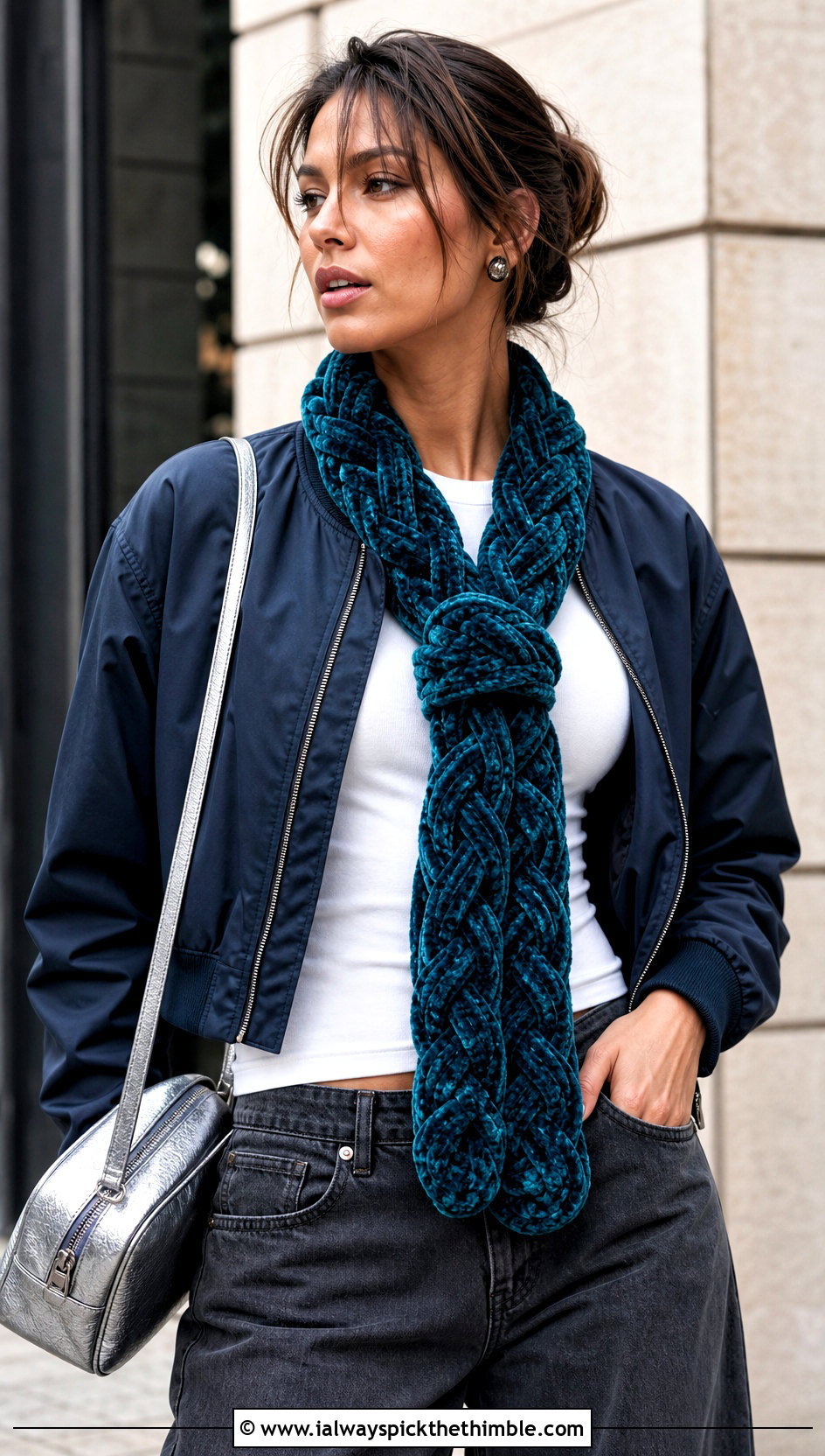 Braided Velvet Crochet Scarf With Bomber Jacket - 20 Velvet Crochet Scarf outfit ideas