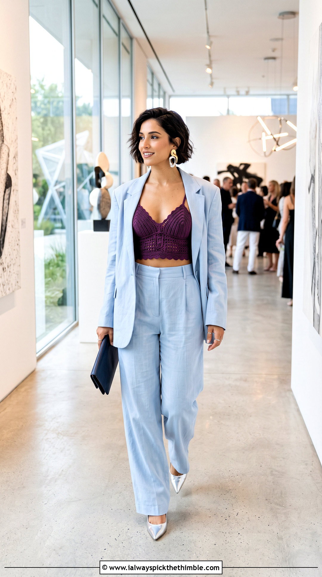 Bralette Crochet Crop Top With Oversized Pantsuit - 20 Easy Crochet Crop Top outfit ideas
