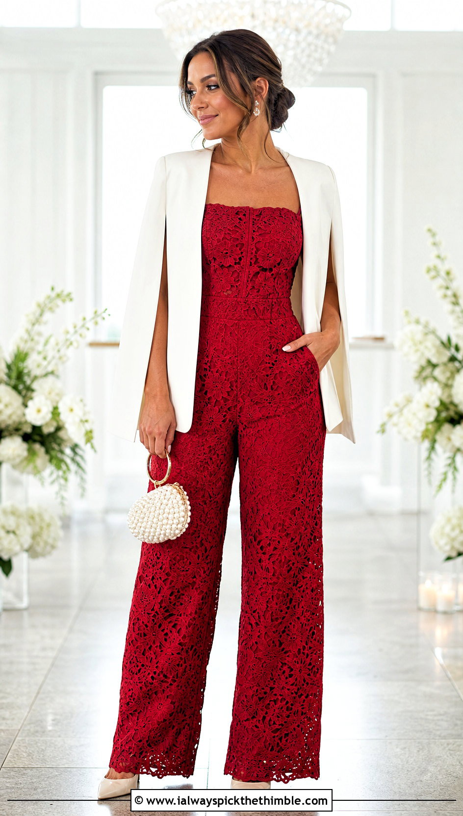 Bridal Lace Crochet Jumpsuit With Cape Blazer - 20 Women Crochet Jumpsuit outfit ideas