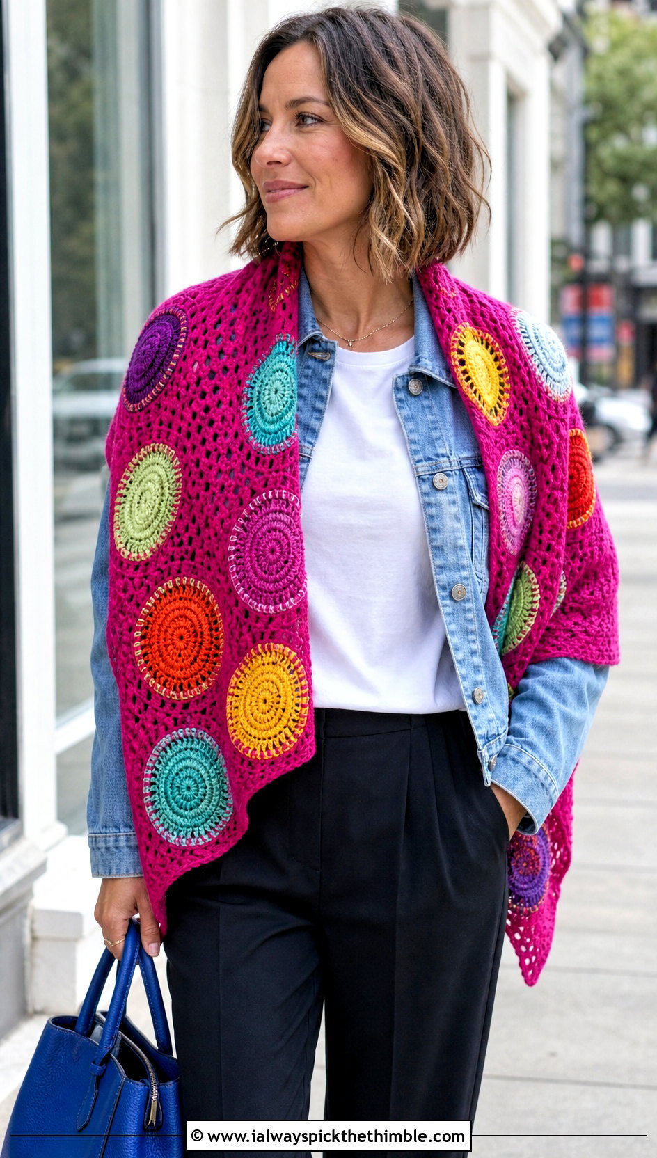 Bright Circles Crochet Shawl With Denim Jacket - 15 sophie digard crochet shawl outfit ideas