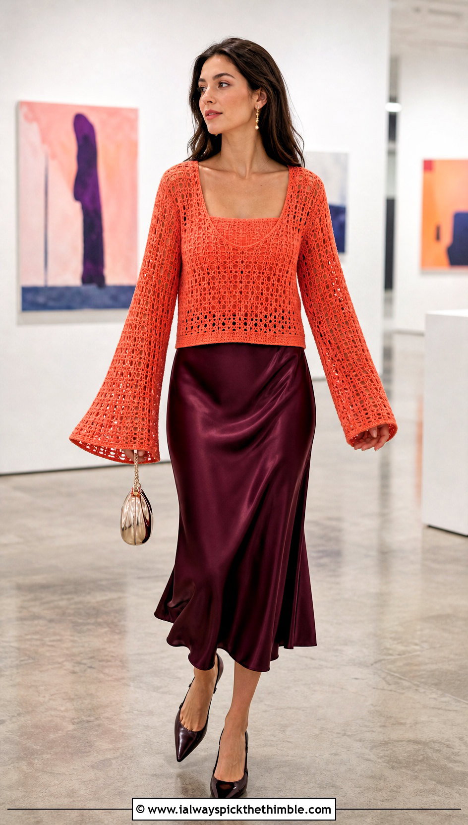 Bright Orange Bell Sleeve Crochet Sweater With Satin Skirt - 15 Bright Orange Crochet Clothing and outfit ideas