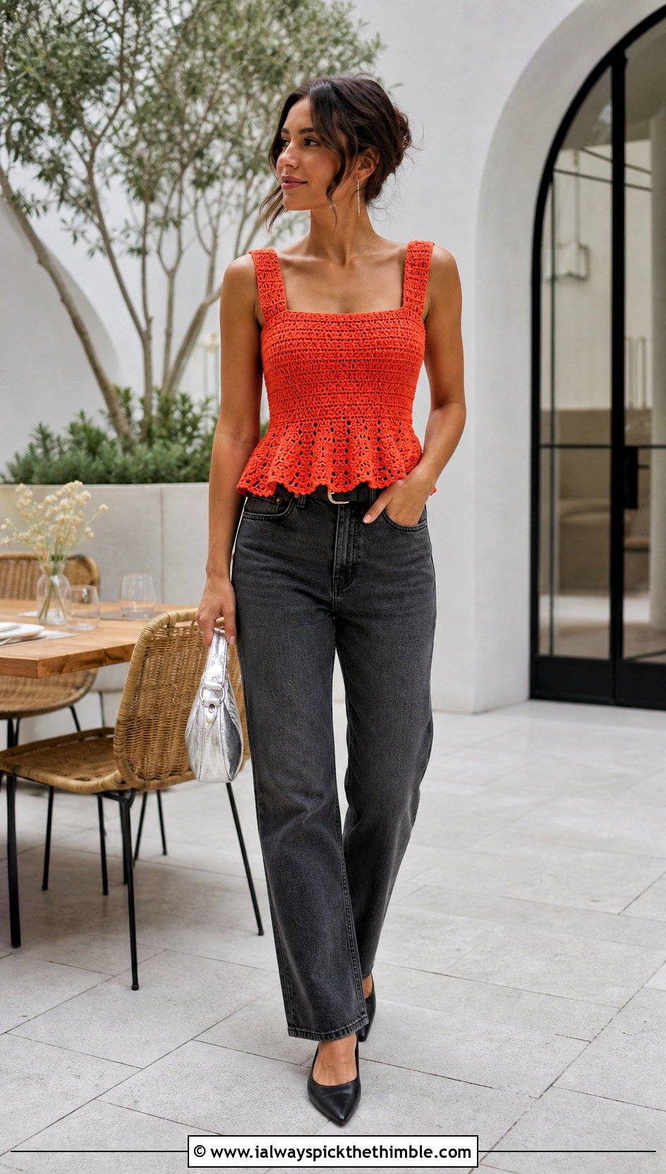 Bright Orange Crochet Peplum Top With Gray Jeans - 15 Bright Orange Crochet Clothing and outfit ideas