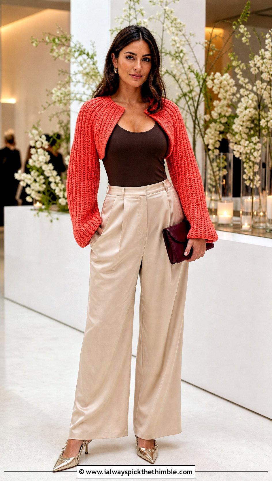 Bright Ribbed Silva Crochet Shrug With Satin Wide Leg Pants - 15 silva crochet shrug outfit ideas