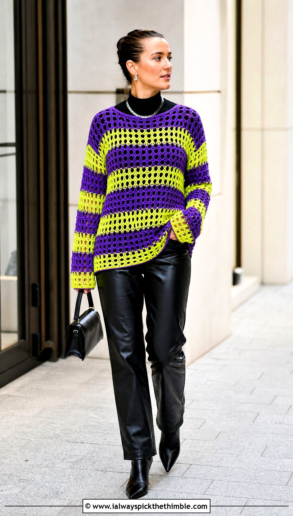 Bright Striped Crochet Long Sleeve Mesh Top With Leather Pants - 15 bright striped crochet top outfit ideas