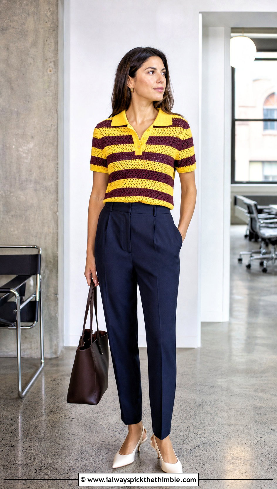 Bright Striped Crochet Polo Top With Tailored Trousers - 15 bright striped crochet top outfit ideas
