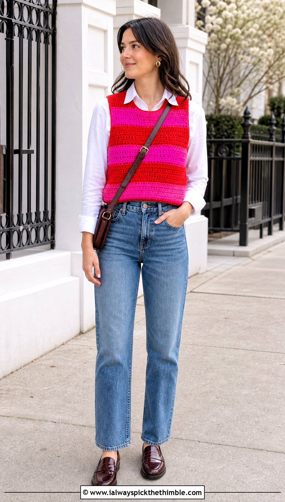 Bright Striped Crochet Vest Top With White Shirt And Jeans - 15 bright striped crochet top outfit ideas