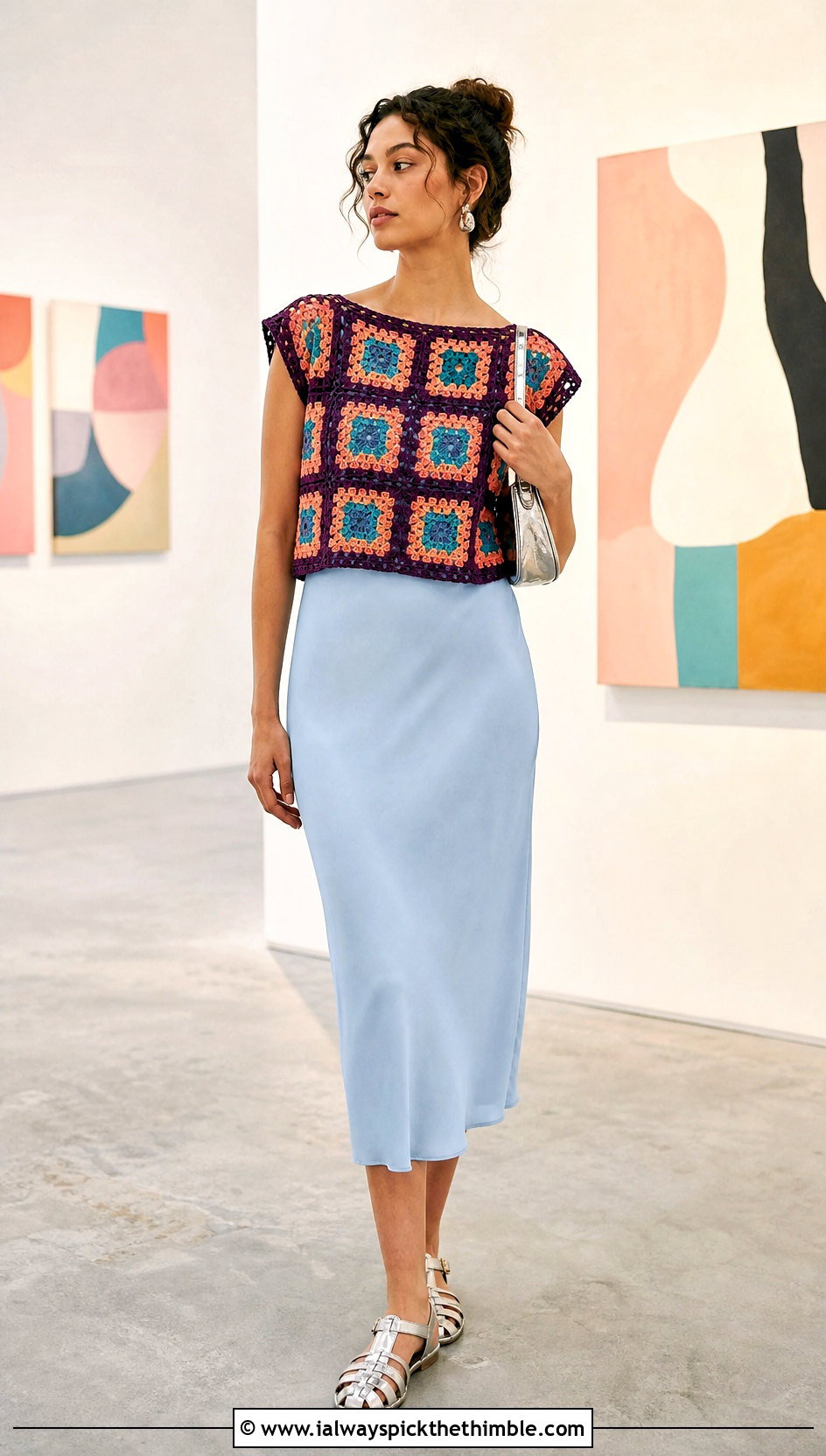 Bright Striped Granny Square Top Over Slip Dress - 15 bright striped crochet top outfit ideas