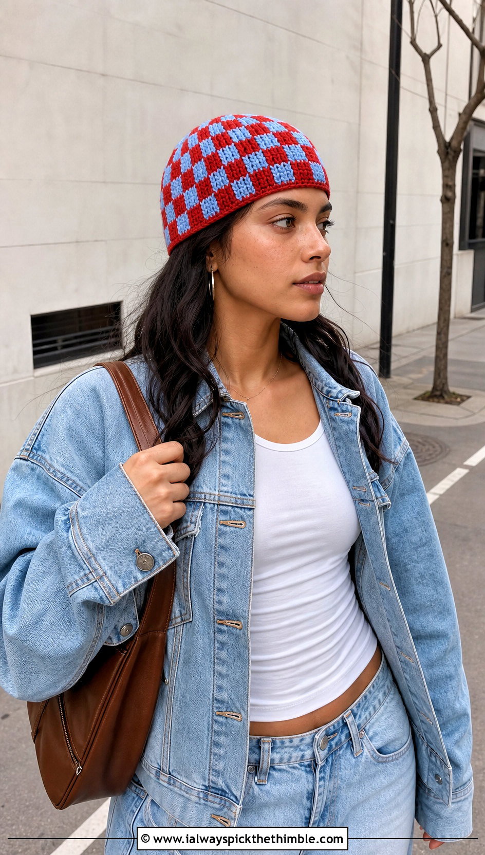 Brimless Checkered Crochet Cap With Denim Jacket And Column Skirt - 15 Checkered Crochet Hat outfit ideas