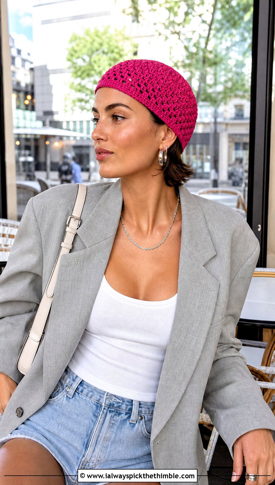 Brimless Crochet Cap With Blazer And Denim Shorts - 25 summer crochet hat outfit ideas