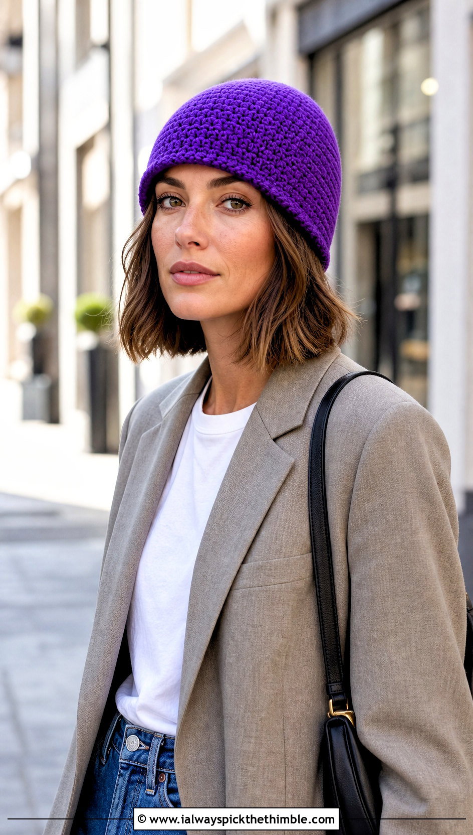 Brimless Crochet Cloche Hat With Blazer And Jeans - 20 flapper style crochet cloche hat outfit ideas