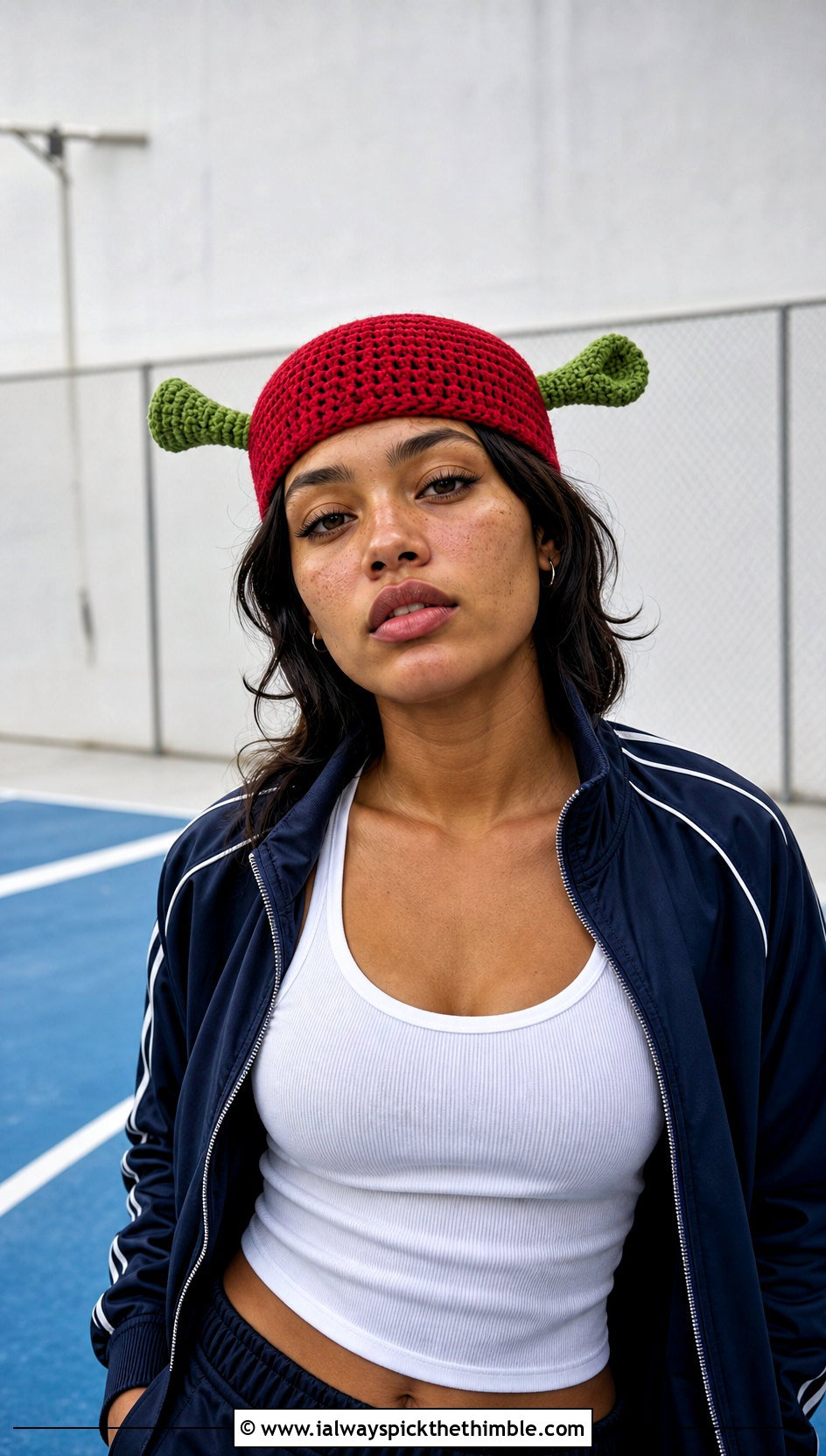 Brimless Crochet Shrek Skullcap With Tracksuit - 25 crochet shrek hat outfit ideas