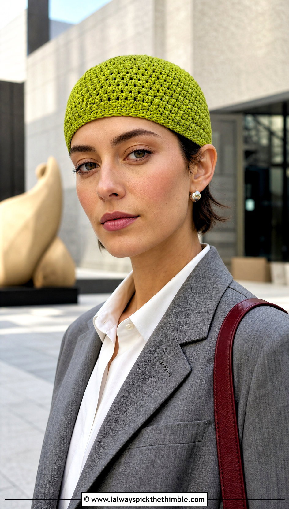 Brimless Crochet Skull Cap With Suit And Loafers - 15 Easy Crochet Beanies For Beginners outfit ideas
