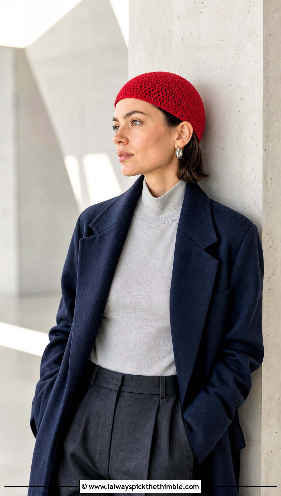 Brimless Crochet Skull Cap With Tailored Coat - 20 classic crochet beanie outfit ideas