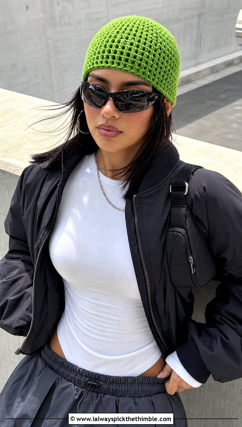 Brimless Crochet Skullcap With Bomber Jacket And Parachute Pants - 20 bulky yarn crochet beanie outfit ideas