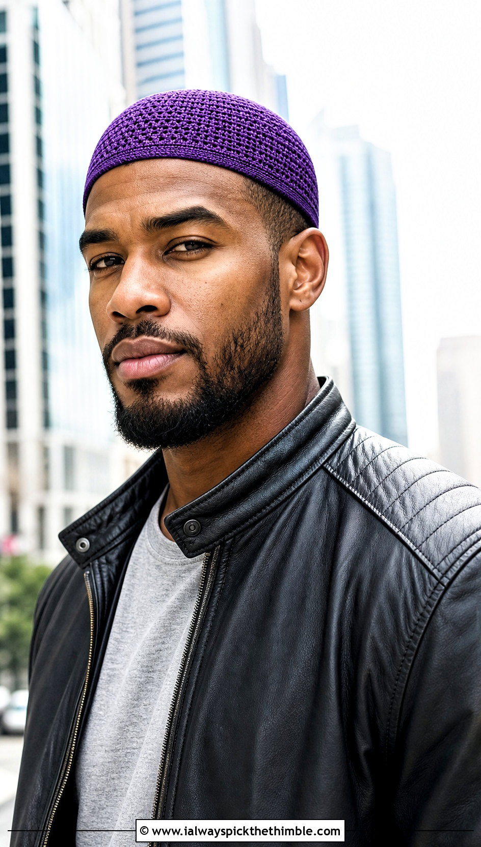 Brimless Crochet Skullcap With Leather Jacket - 20 easy men's crochet beanie outfit ideas
