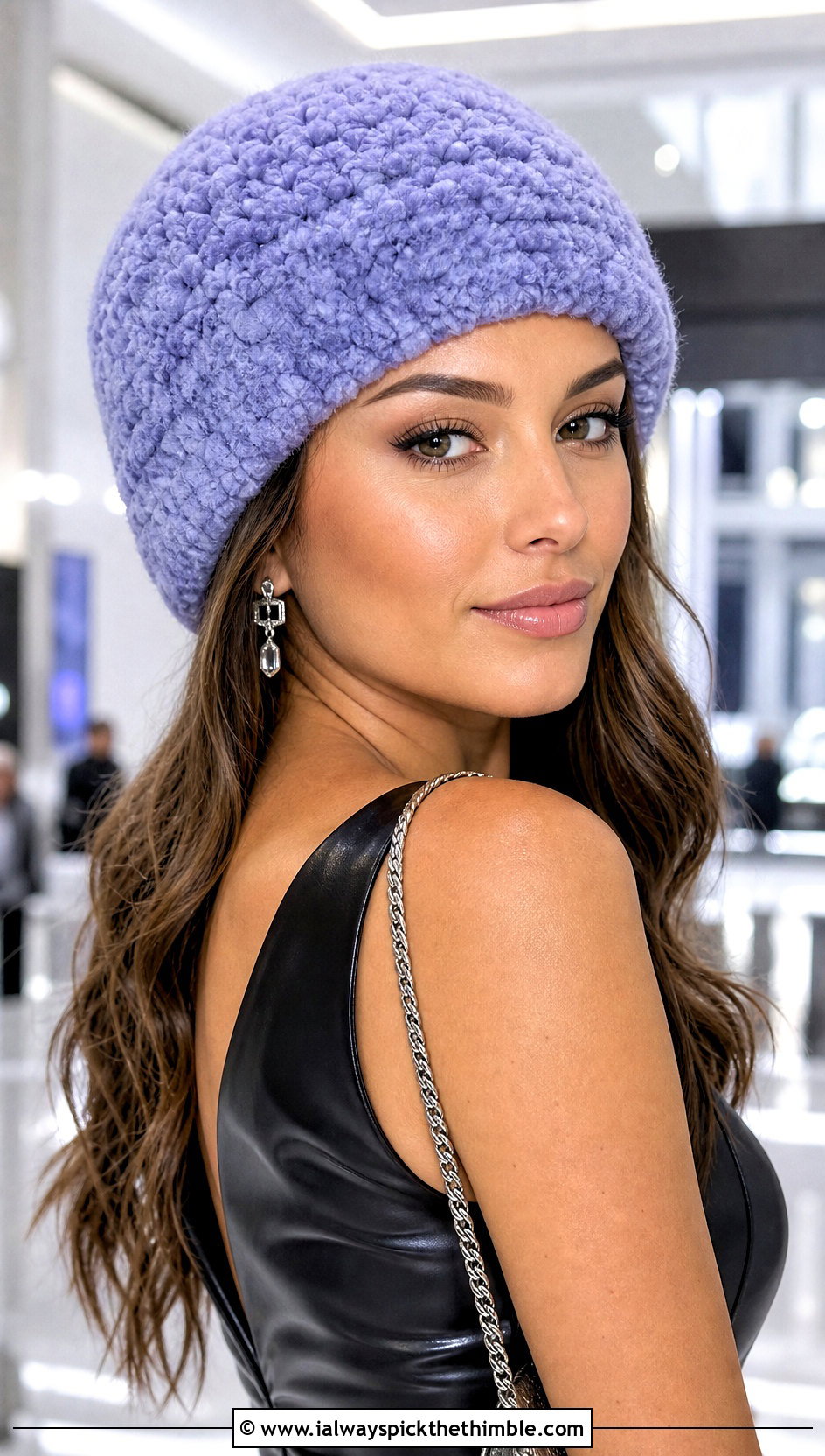 Brimless Faux Fur Crochet Hat With Faux Leather Dress - 25 crochet fur hat outfit ideas