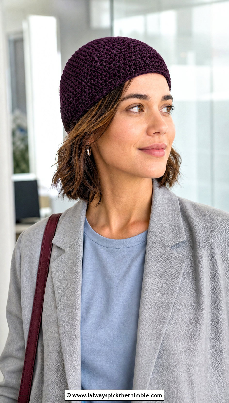 Brimless Fitted Lightweight Crochet Beanie With Trouser Suit - 15 Lightweight Crochet Beanie outfit ideas