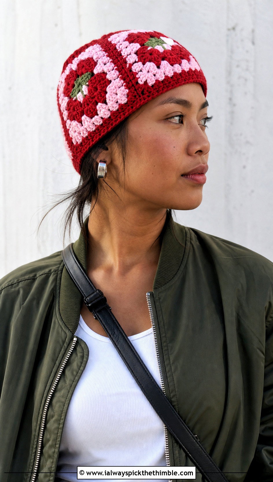Brimless Granny Square Beanie With Bomber Jacket And Maxi Skirt - 20 crochet square hat outfit ideas