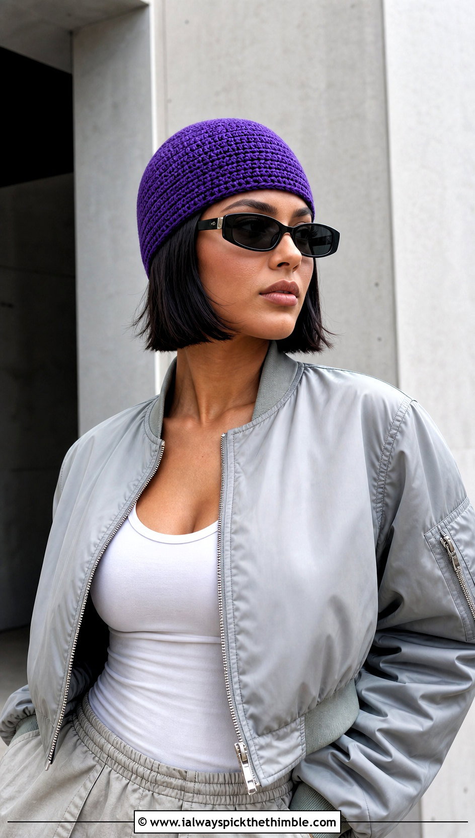 Brimless HDC Crochet Beanie With Bomber Jacket And Parachute Pants - 20 hdc crochet beanie outfit ideas