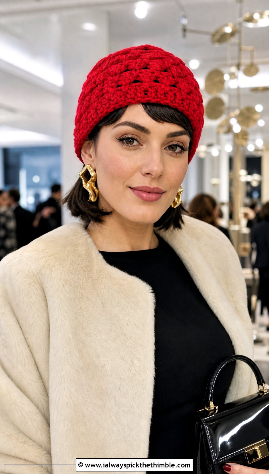 Brimless Shell Stitch Beanie With Faux Fur Jacket - 15 Crochet Shell Stitch Beanie outfit ideas