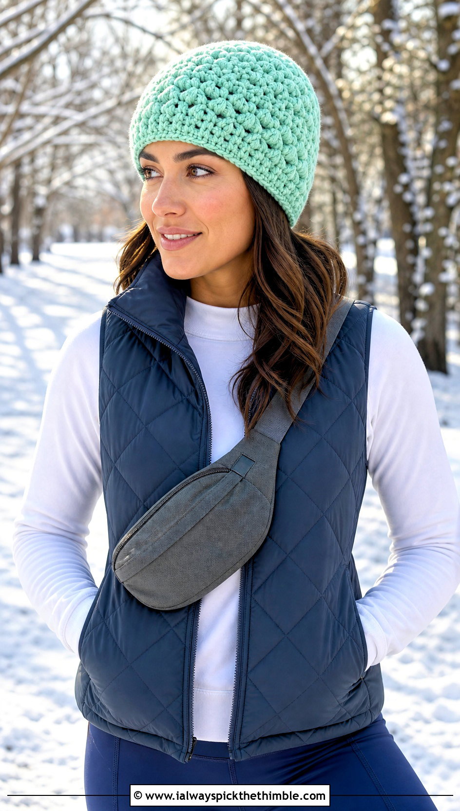 Brimless Snowy Puff Crochet Hat With Quilted Vest - 15 snowy puff crochet hat outfit ideas
