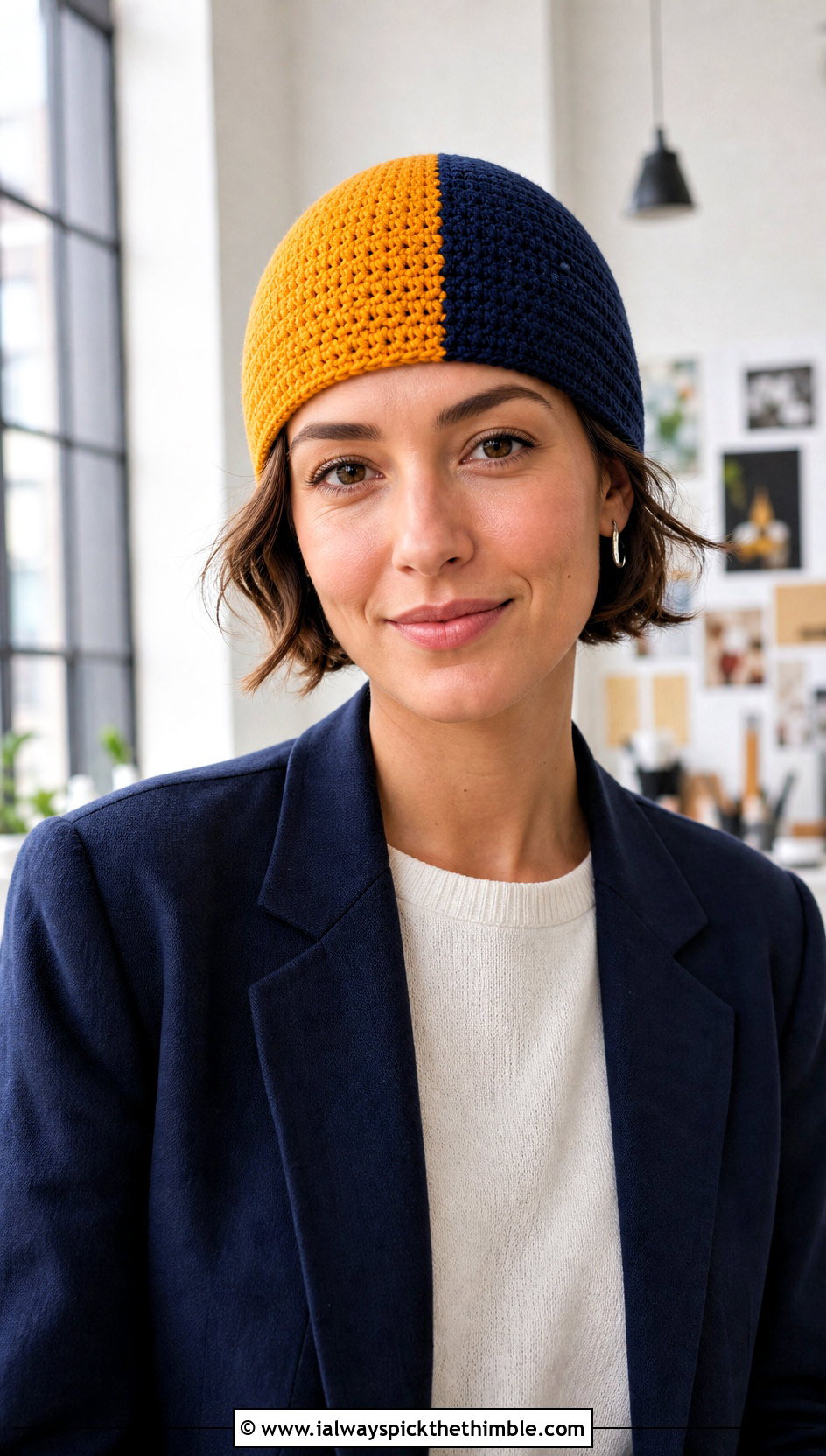 Brimless Split Color Crochet Beanie With Trouser Suit - 15 Split Color Crochet Beanie outfit ideas