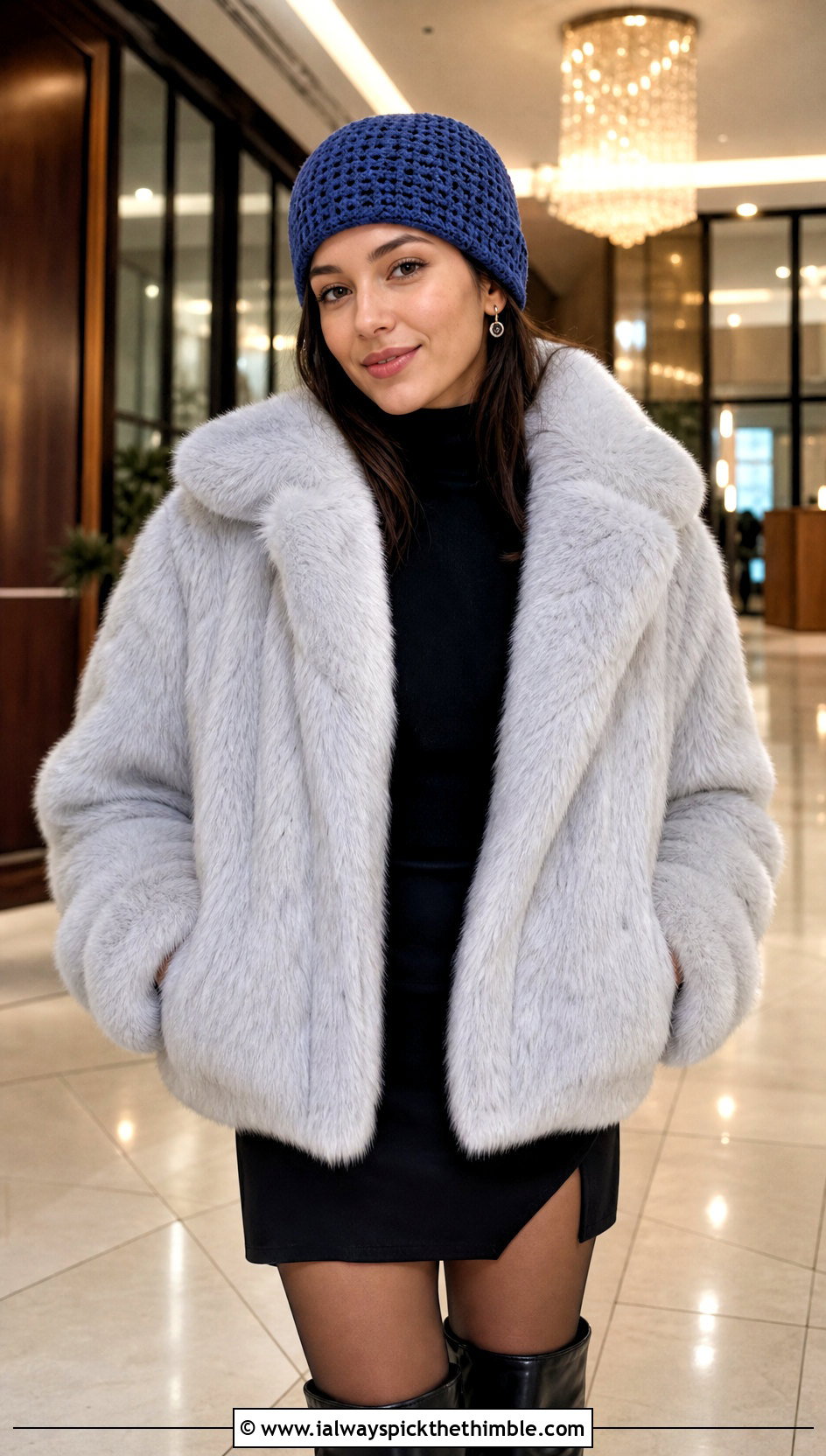 Brimless Waffle Crochet Beanie With Faux Fur Jacket And Mini Skirt - 20 waffle crochet beanie outfit ideas