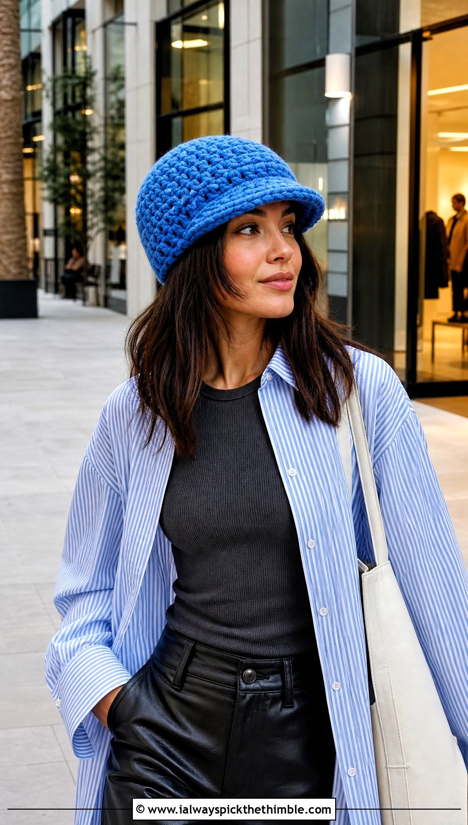 Brimmed Beanie With Oversized Shirt And Leather Pants - 15 Crochet Beanie With Super Bulky Yarn outfit ideas